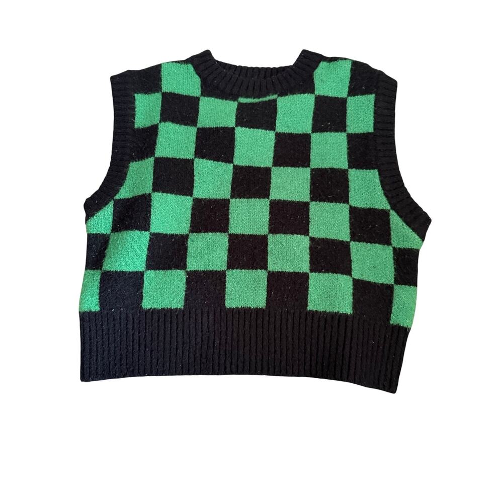 Forever 21 Green and Black Checkerboard Knit Sweater Vest – Women's Size Medium